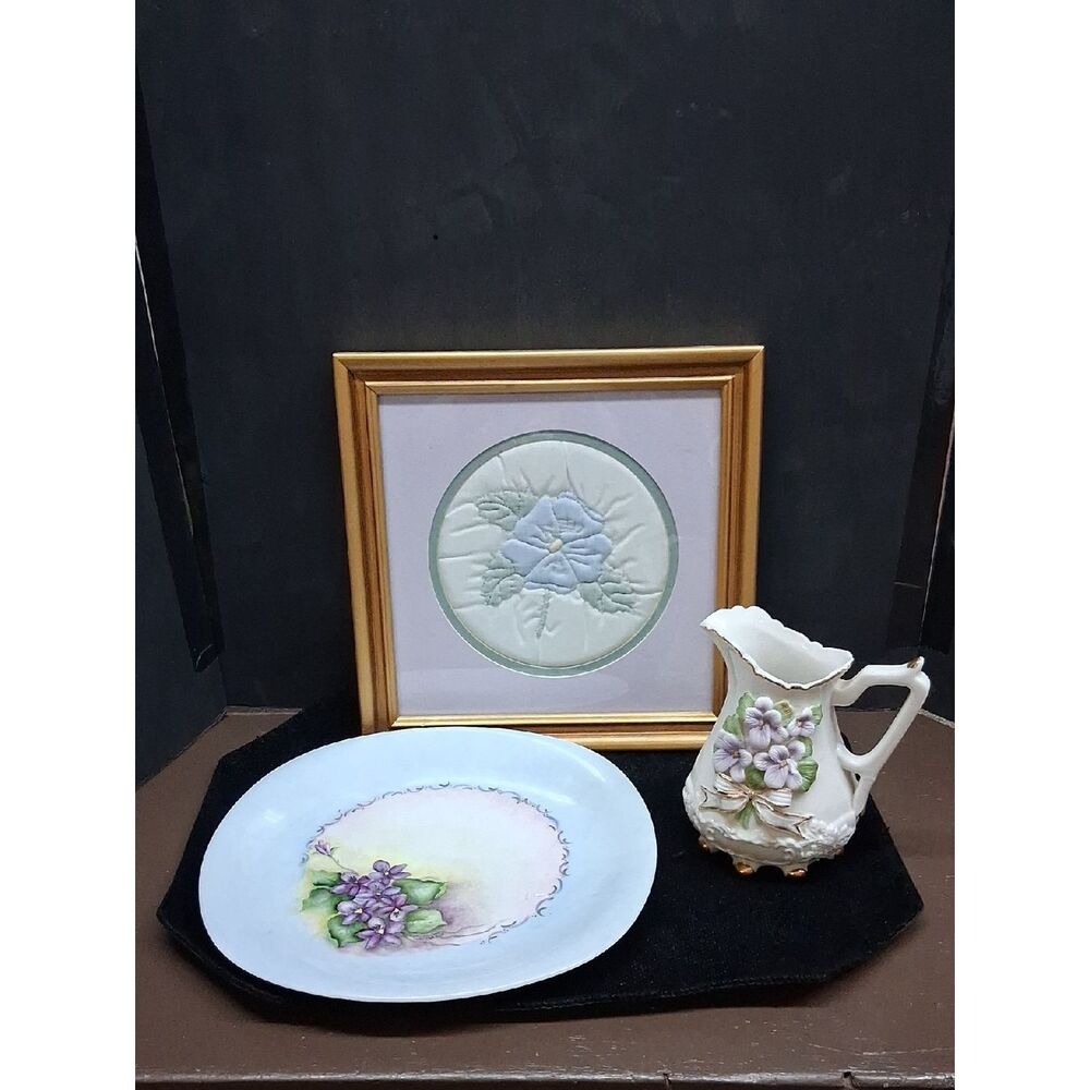 3 Pc Vintage Lefton, Bavaria porcelain, & hand embroidered artwork